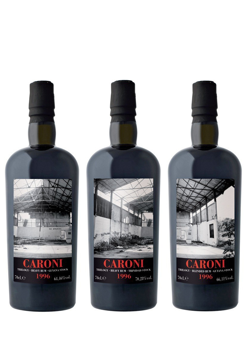 CARONI Collection Trilogy, 3 bouteilles: 20 ans 1996 Trilogy Blended Guyana Stock 70,28% ; Trilogy Heavy Guyana Stock 64,46% ; Trilogy Blended Guyana Stock 66,11%